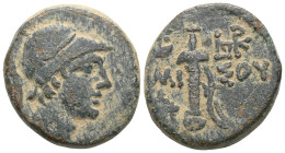 Pontos, Amisos Æ21. Time of Mithradates VI, Circa 120-63 BC. Head of Ares (?) right / ΑΜΙ-ΣΟΥ, sword in sheath; [star above left], IB above right, mon...