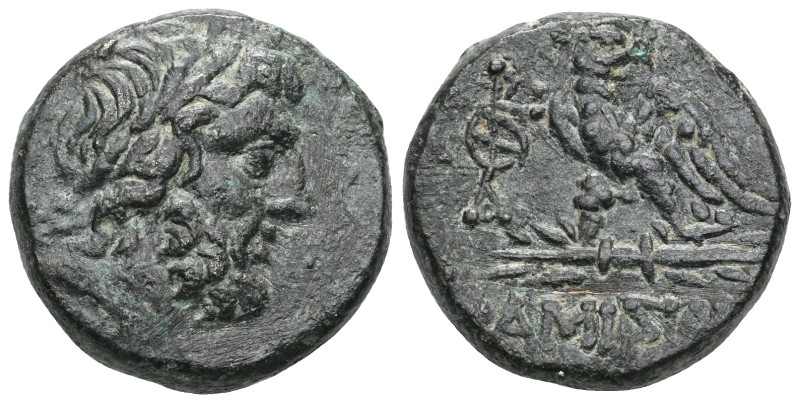 Greek Pontos. Amisos circa 85-65 BC. Bronze Æ . Laureate head of Zeus right / ΑΜ...