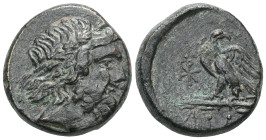 Greek Bithynia, Dia, AE 20 , ca. 85-65 BC Obv: Diademed head of Zeus right Rev: Eagle standing left on thunderbolt, head reverted, monogram in left fi...