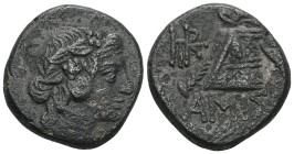 Greek Pontos. Amisos. Time of Mithradates VI Eupator circa 120-63 BC. Bronze Æ Head of Dionysos right, wearing ivy wreath / AMIΣOY, Thyrsos leaning ag...