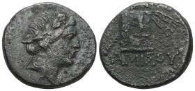 Greek Pontos. Amisos. Time of Mithradates VI Eupator circa 120-63 BC. Bronze Æ Head of Dionysos right, wearing ivy wreath / AMIΣOY, Thyrsos leaning ag...
