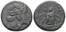 Greek Pontos. Amisos. Time of Mithradates VI Eupator circa 120-63 BC. Bronze Æ Head of Dionysos right, wearing ivy wreath / AMIΣOY, Thyrsos leaning ag...