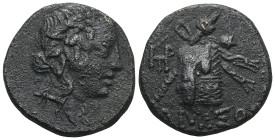 Greek Pontos. Amisos. Time of Mithradates VI Eupator circa 120-63 BC. Bronze Æ Head of Dionysos right, wearing ivy wreath / AMIΣOY, Thyrsos leaning ag...