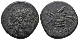 Greek Pontos. Amisos. Time of Mithradates VI Eupator circa 120-63 BC. Bronze Æ Head of Dionysos right, wearing ivy wreath / AMIΣOY, Thyrsos leaning ag...