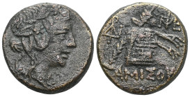 Greek Pontos. Amisos. Time of Mithradates VI Eupator circa 120-63 BC. Bronze Æ Head of Dionysos right, wearing ivy wreath / AMIΣOY, Thyrsos leaning ag...