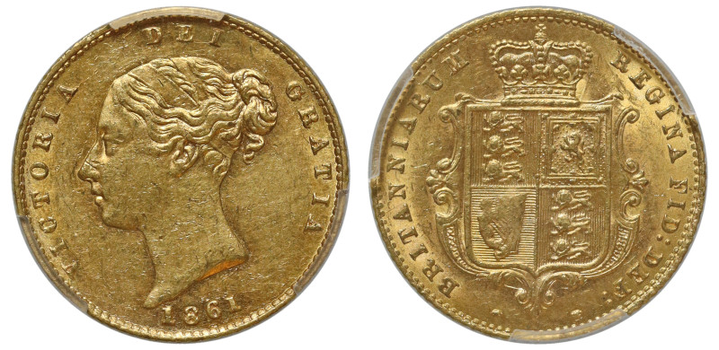 g Victoria (1837-1901), gold Half-Sovereign, 1861, second larger young head left...