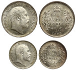 India, Edward VII 1903-C silver Quarter Rupee, and 1903-C silver 2-Annas (2)