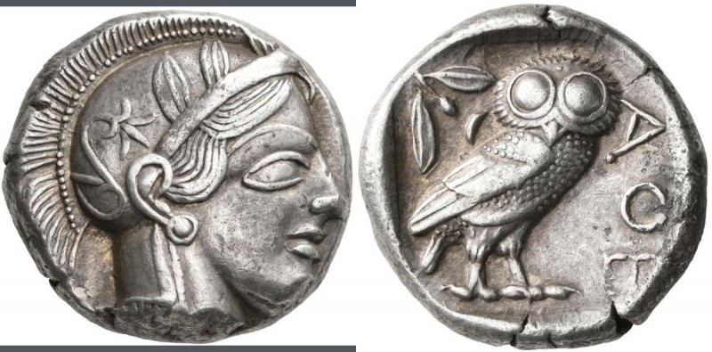 Attika: Tetradrachme ca. 450-430 v. Chr., Athen. Kopf der Athena / Steinkauz (At...