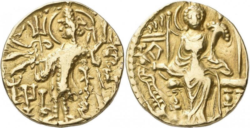 Indien: Kushan, unbekannte Fürsten, etwa 365 n. Chr.: Gold Stater, König steht i...