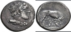 Anonym: AR-Didrachme, 269/266 v. Chr., Rom, anonym, 6,82 g. Herculeskopf mit Diadem nach rechts / Wölfin nach rechts mit Romulus und Remus, im Abschni...