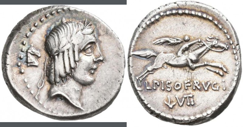 Lucius Calpurnius Piso Frugi (90 v.Chr.): AR-Denar, 3,84 g, Crawford 340.1, BMC ...