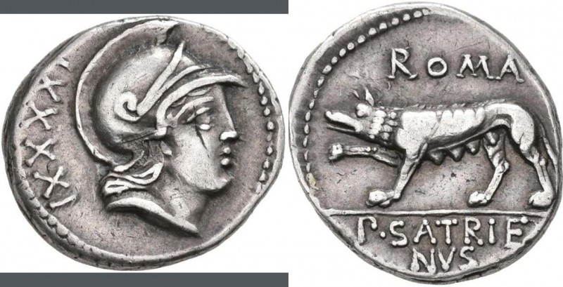 Publius Satrienus (77 v.Chr.): AR-Denar 77 v. Chr., Rom, 3,84 g, Crawford 388/1b...