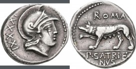 Publius Satrienus (77 v.Chr.): AR-Denar 77 v. Chr., Rom, 3,84 g, Crawford 388/1b, Sydenham 781a, fast vorzüglich.
 [taxed under margin system]