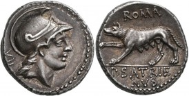 Publius Satrienus (77 v.Chr.): AR-Denar 77 v. Chr., Rom, 4,03 g, Romakopf nach rechts mit Helm//Wölfin nach links, Crawford 388/1 b, Syd. 781a, feine ...