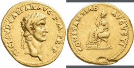 Claudius (41 - 54): AV-Aureus, 41/42 n. Chr., Rom, 7,72 g, RIC 31, , Av: TI CLAVD CAESAR AVG P M TR P, Kopf mit Lorbeerkranz nach rechts, Rv.: CONSTAN...
