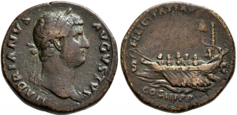 Hadrian (117 - 138): Æ-As, 21,6 mm, 12,35 g, Büste nach links / Galeere, sehr sc...