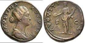Faustina Minor (+ 176 n.Chr.): Faustina Minor, Gattin des Marcus Aurelius +176: Æ-Sesterz (152-159), 31,21 g, Kampmann 38.13.5, RIC 1367, braune Patin...