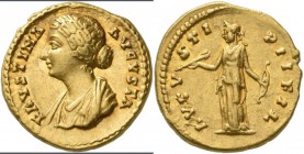 Faustina Minor (+ 176 n.Chr.): AV Aureus, FAVSTINA AUGVSTA, Büste nach links, Frisur in vier schlangenförmigen Wellen mit Knoten / AVUGUST PII FIL, Di...