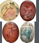 Antike: Lot 4 Stück, 2 x römische Gemen, je ca. 9x5,5 mm / Glasmarke 2./3. Jhd. n. Chr. 21,5 mm, 2farbiger Pferdekopf / Skarabäus, ca. 12 x 7 mm, Hyro...
