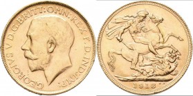 Australien: Georg V. 1910-1936: 1 Sovereign 1918 Perth, 7,98 g, 916/1000 Gold, Friedberg 40, feine Kratzer, sehr schön-vorzüglich.
 [plus 0 % VAT]