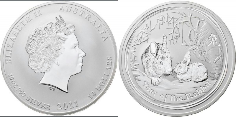 Australien: Elizabeth II. 1952-,: 10 Dollars 2011, Year of the Rabbit / Jahr des...