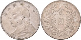 China: AR dollar, year 3 (1914), Yuan Shi Kai, KM Y-329, 26,65 g, kl. Kratzer, sehr schön-vorzüglich.
 [taxed under margin system]