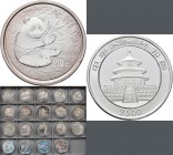 China - Volksrepublik: Lot 19 x 1 OZ Silber Panda der Jahrgänge 1989-2007. Dabei auch der seltene Jahrgang 2000. Alle Münzen in Dosen, teils angelaufe...
