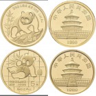 China - Volksrepublik: Lot 2 Stück: 5 Yuan 1989, Goldpanda, KM# 183, sowie 5 Yuan 1990, Goldpanda, KM# 267. Friedberg B8. Je 1,56 g (1/20 OZ), 999/100...
