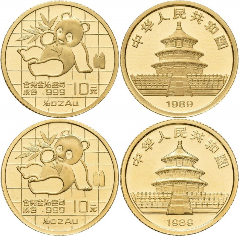 China - Volksrepublik: Lot 2 Stück: 10 Yuan 1989, Goldpanda sitzt, Bambus, KM# 2...
