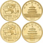 China - Volksrepublik: Lot 2 Stück: 10 Yuan 1989, Goldpanda sitzt, Bambus, KM# 223, Friedberg B7. Je 3,11 g (1/10 OZ), 999/1000 Gold. Stempelglanz.
 ...