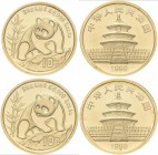 China - Volksrepublik: Lot 2 Stück: 10 Yuan 1990, Goldpanda am Fels, Bambus, KM# 269, Friedberg B7. Je 3,11 g (1/10 OZ), 999/1000 Gold. Eingeschweisst...