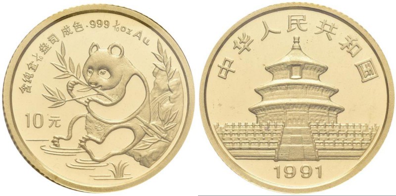 China - Volksrepublik: 10 Yuan 1991, Goldpanda am Fluß, Bambus, KM# 347, Friedbe...