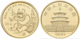 China - Volksrepublik: 10 Yuan 1991, Goldpanda am Fluß, Bambus, KM# 347, Friedberg B7. 3,11 g (1/10 OZ), 999/1000 Gold. Eingeschweisst, stempelglanz....