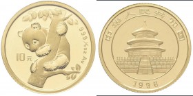 China - Volksrepublik: 10 Yuan 1996, Panda im Baum, KM# 884, Friedberg B7. 3,11 g (1/10 OZ), 999/1000 Gold. Eingeschweisst, mit Prüfzettel, stempelgla...