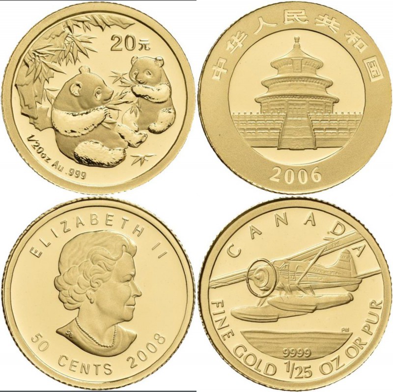 China - Volksrepublik: Lot 2 Goldmünzen: 20 Yuan 2006, Goldpanda, KM# 1661. 1,56...