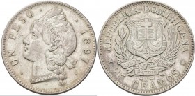 Dominikanische Republik: 1 Peso 1897, KM# 16, 25,06 g, winz. Kratzer, fast vorzüglich.
 [taxed under margin system]
