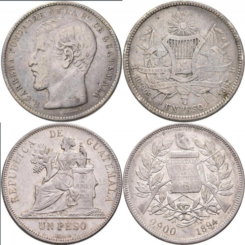 Guatemala: Lot 2 Stück, 1 Peso 1867, KM# 186.1, 24,35 g, sehr schön und 1 Peso 1...
