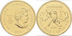 Kanada: Elizabeth II. 1952-,: 50 Dollars 2010, Olympische Winterspiele 2010 Vancouver - Eishockey. KM# 1029. 31,11 g (1 OZ), 999/1000 Gold. Rotflecken...