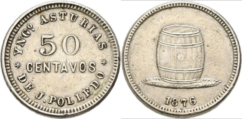 Kuba: 50 Centavos Token 1876. Yngo Asturias de J. Polledo. 4,65 g, Ku-Ni Legieru...