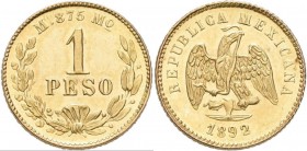 Mexiko: 1 Peso 1892 Mo M. KM# 410.5. 1,69 g, 875/1000 Gold. Vorzüglich.
 [plus 7 % import fees]