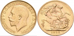 Südafrika: George V. 1910-1936: Sovereign (Pound) 1925 SA, KM# 21, Friedberg 5. 7,98 g, 917/1000 Gold. Winzige Randfehler, sonst fast vorzüglich.
 [p...