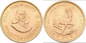 Südafrika: 2 Rand 1963, KM# 64, Friedberg 11. 7,99 g, 917/1000 Gold. Kl. Kratzer, fast vorzüglich.
 [plus 0 % VAT]