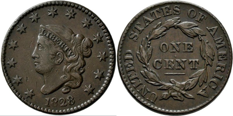 Vereinigte Staaten von Amerika: 1828 1c USA Large Cent N-11 VF/XF. A little remo...