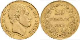 Belgien: Leopold I. 1831-1865: 20 Francs 1865 L. WIENER, KM# 23, Friedberg 411. 6,43 g, 900/1000 Gold. Sehr schön.
 [plus 0 % VAT]