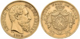 Belgien: Leopold II. 1865-1909: 20 Francs 1870 LW (Pos. A), KM# 37, Friedberg 412. 6,43 g, 900/1000 Gold. Sehr schön.
 [plus 0 % VAT]