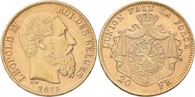 Belgien: Leopold II. 1865-1909: 20 Francs 1875 LW (Pos. A), KM# 37, Friedberg 412, 6,43 g, 900/1000 Gold. Sehr schön - vorzüglich.
 [plus 0 % VAT]
