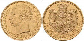 Dänemark: Frederik XIII. 1906-1912: 20 Kronen 1911, KM# 810, Friedberg 297. 8,96 g, 900/1000 Gold, vorzüglich.
 [plus 0 % VAT]