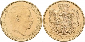 Dänemark: Christian X. 1912-1947: 20 Kroner 1915, KM# 817.1, Friedberg 299. 8,95 g, 900/1000 Gold. Randfehler, Kratzer, sehr schön.
 [plus 0 % VAT]