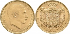 Dänemark: Christian X. 1912-1947: 20 Kronen 1916, KM# 817.1, Friedberg 299. 8,95 g, 900/1000 Gold. Feine Kratzer, sehr schön - vorzüglich.
 [plus 0 %...