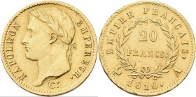 Frankreich: Napoleon I. 1804-1814: 20 Francs 1810 A, 6,45 g, 900/1000 Gold. Kl. Kratzer, sehr schön-vorzüglich.
 [plus 0 % VAT]